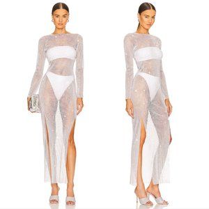 NEW Santa Brands Diamond Maxi Dress in White Silver Crystal Mesh Coverup Gown